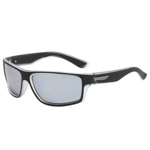 Detail of square frame sports sunglasses with gray lenses and metallic side accents