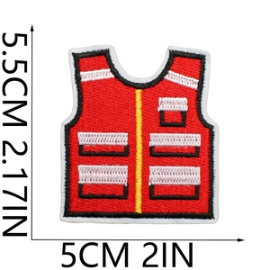 Detailed close-up of a red life vest embroidered patch with size markings 5.5cm x 5cm