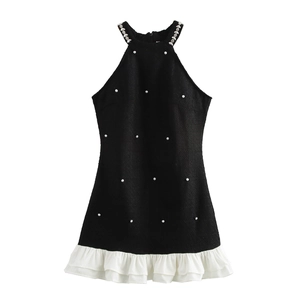 Robe Courte Dos Nu Tweed Künstliche Perle Strass Décoré Sans Manches Ourlet À Volants Élégant Style Français Femmes