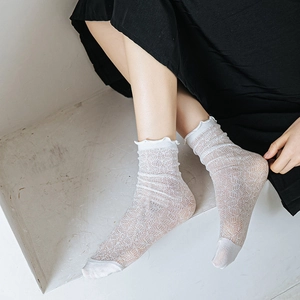 Japanese style white lace mesh socks with frilly edges and hollow patterns for women