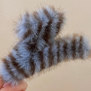 Blue and white striped plush shark hair claw clip for women's casual hair styling