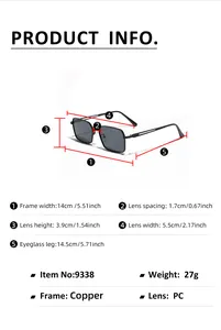 Detailed sizing chart and technical specifications for square frame fashion sunglasses
