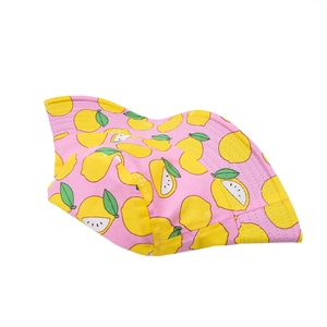 Detail of pink children's bucket hat with yellow lemon print and sturdy cotton stitching
