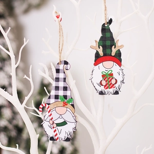 Christmas wooden gnome ornaments set with plaid hats and candy canes for tree decoration