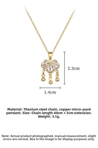 Detailed view of gold Ruyi lock pendant with micro-set zircon and titanium chain dimensions
