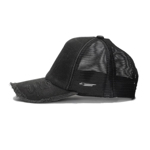 Distressed black trucker hat with breathable mesh and cotton fabric for summer style