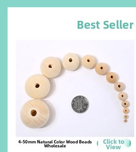 Unfinished natural wood beads in sizes 4mm to 50mm shown next to a coin for scale