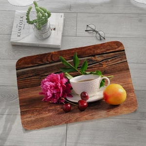 Absorbent flannel floor mat with vintage wood grain, pink flowers and fruit print