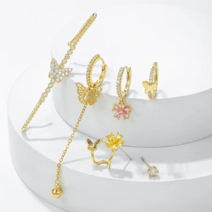 Exquisite 18K gold-plated butterfly and flower earring set with pink and white zircon