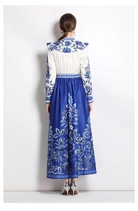 Back view of vintage French style long sleeve floral print shirt and maxi skirt set