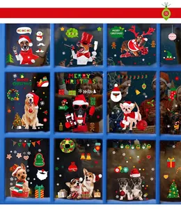 Christmas window static stickers featuring cute dogs in holiday costumes and festive patterns