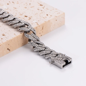 Silver stainless steel Cuban link necklace with sparkling pavé rhinestones on stone base