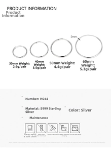 Size chart for S999 sterling silver hoop earrings ranging from 30mm to 60mm diameter