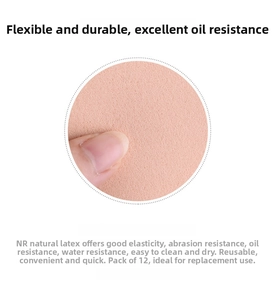 Macro shot of flexible skin-toned NR natural latex makeup sponge showing soft texture