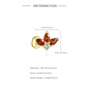 S925 sterling silver flower stud with pear-shaped red zircons and size annotations