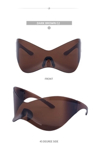 Front and 45-degree side views of dark brown wraparound oversized Y2K sunglasses
