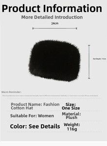 Detail view of black faux fur thermal hat showing dimensions of 24cm width and 11cm depth