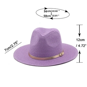 Purple straw fedora hat with gold belt buckle detail for outdoor sun protection
