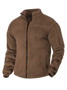 Detailed macro view of the brown fleece texture and durable zipper on this men's jacket