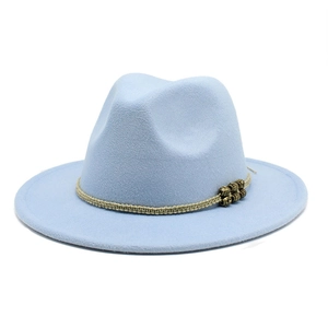 Classic light blue wool fedora hat with wide brim and decorative woven band