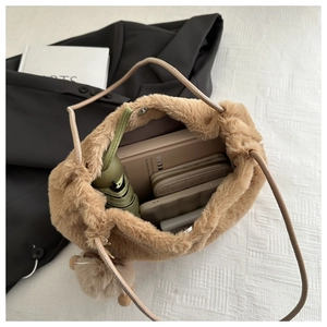 Top view of khaki plush tote bag showing large capacity for umbrella, wallet and phone