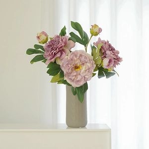 Faux oil painting style pink peony bouquet in grey vase for elegant home floral decor