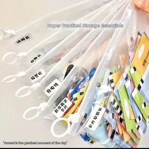 Frosted transparent slide zipper bag with white ring pull showing organized storage