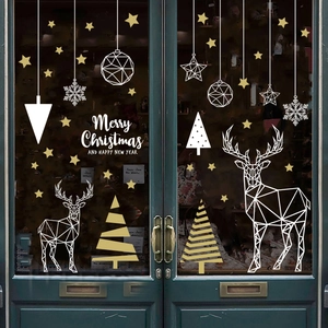 Christmas window stickers with geometric elk, gold reindeer and white snowflakes decor