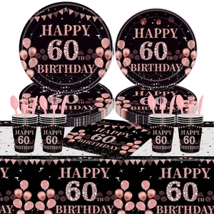 60th Birthday party tableware set in black and rose gold with plates and tablecloth