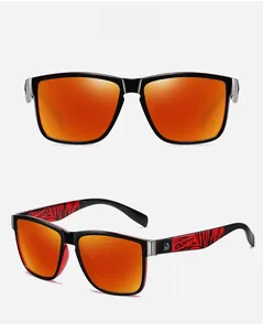 Detail of sporty sunglasses featuring bright orange mirrored lenses and tiger stripe temples