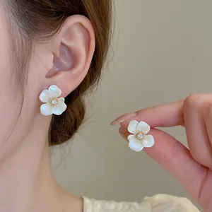 Elegant White Flower Stud Earrings With Zircon And 925 Sterling Silver Earring Post Copper Gold Plated For Women