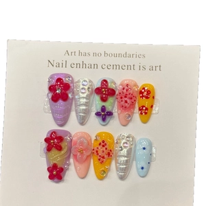 3D floral handmade press-on nails set with colorful 3D flowers pearls and rhinestones