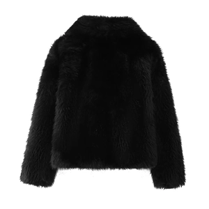 Detailed back view of premium black faux fur jacket with dense and fluffy texture details