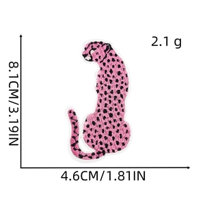 Detail of pink leopard print embroidery patch with dimensions 8.1cm and 4.6cm