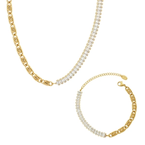 Luxurious 18K gold plated steel jewelry set with zircon necklace and matching bracelet