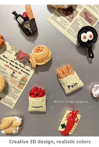 Detailed view of 3D creative resin food magnets including lobster and tomato bag