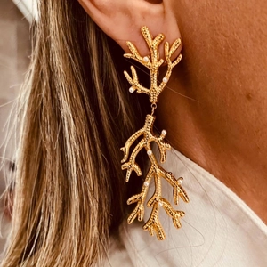Boucles D'oreilles Pendantes Branche De Corail Irrégulière Acier Inoxydable Plaqué Or 18K Avec Künstliche Perle D'imitation Bijoux