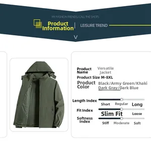 Detailed size chart for military green men's hooded jacket available in sizes M to 8XL