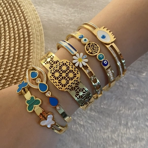 Evil Eye Daisy Butterfly Stainless Steel Bangle Bracelet For Women Gold Plated Enamel Rhinestone Open Cuff Jewelry