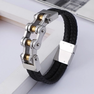 Men's double-layer black woven leather bracelet with silver and gold bike chain link