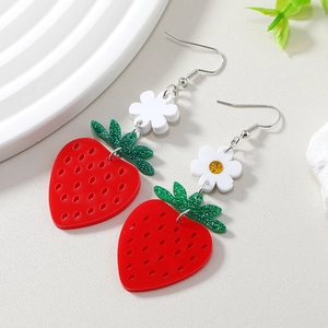 Cute strawberry and flower acrylic earrings in vibrant red and green with silver hooks