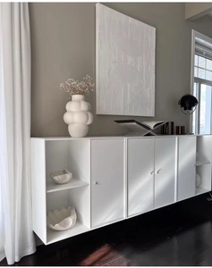 Close-up of a minimalist white ceramic sideboard with a matte finish and round handles
