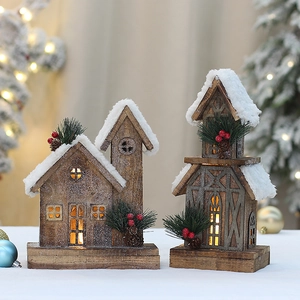 Vintage Carbonized Wooden Christmas House LED Glowing Warm Light Snow Covered Roof Decoration Holiday Ornaments Pine Needle Cabin