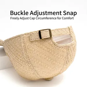 Beige straw woven baseball cap with adjustable metal buckle back for vintage summer style