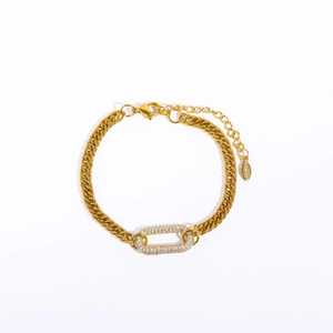 Detail of gold stainless steel chain necklace with crystal rectangular clasp and tag