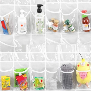 Detail of 24-pocket hanging organizer showing bathroom, kitchen and snack storage solutions