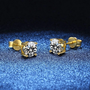 Classic 1ct D-color moissanite stud earrings in 14k gold-plated 925 sterling silver