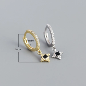 S925 silver hoop earrings with black gemstone square pendant and pavé crystals