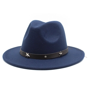 Detail of navy wool fedora hat featuring a leather band with silver metal stars