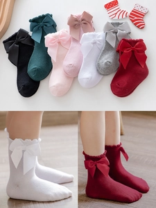 Kids Baby Girls Cotton Socks Large Grosgrain Ribbon Bow Ruffle Edge Princess Lolita Style Toddler Infant Hosiery